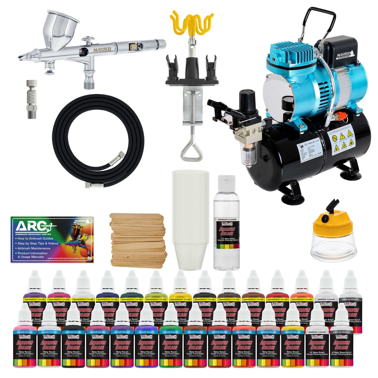 Master Airbrush Cool Runner II Dual Fan Air Storage Tank Compressor System Kit with a G44 Fine Detail Control 0.2mm Tip Airbrush, 24 Color Acrylic Paint Artist Set, Holders, Cleaning Pot, How-To Guide
